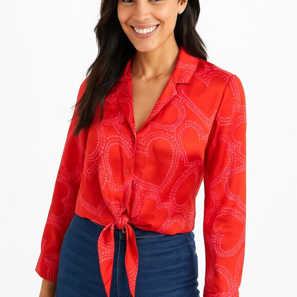 Red Pink Heart Satin Tie Front Blouse Size M Button Up (Bailey/44) - Picture 1 of 9